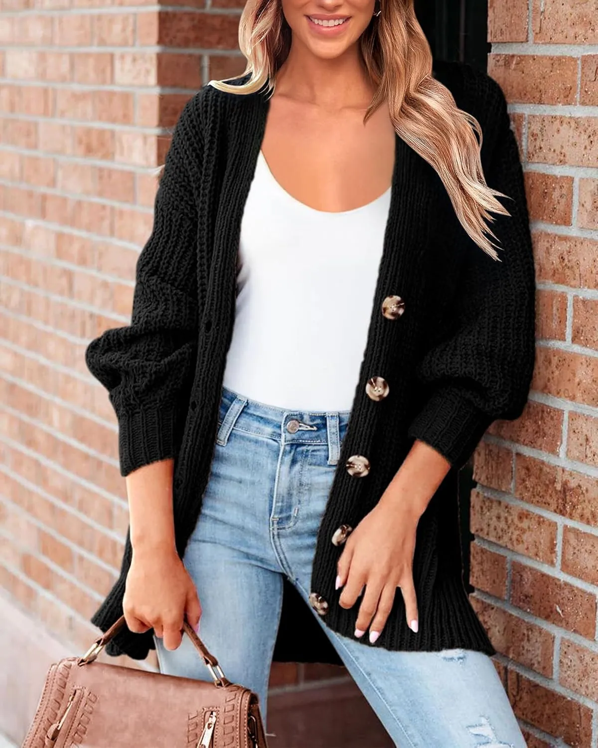 BTFBM Women's Button Down Cardigan Coat Long Sleeve Fall Winter Clothes Loose Chunky Knit Open Front Sweater Outerwear