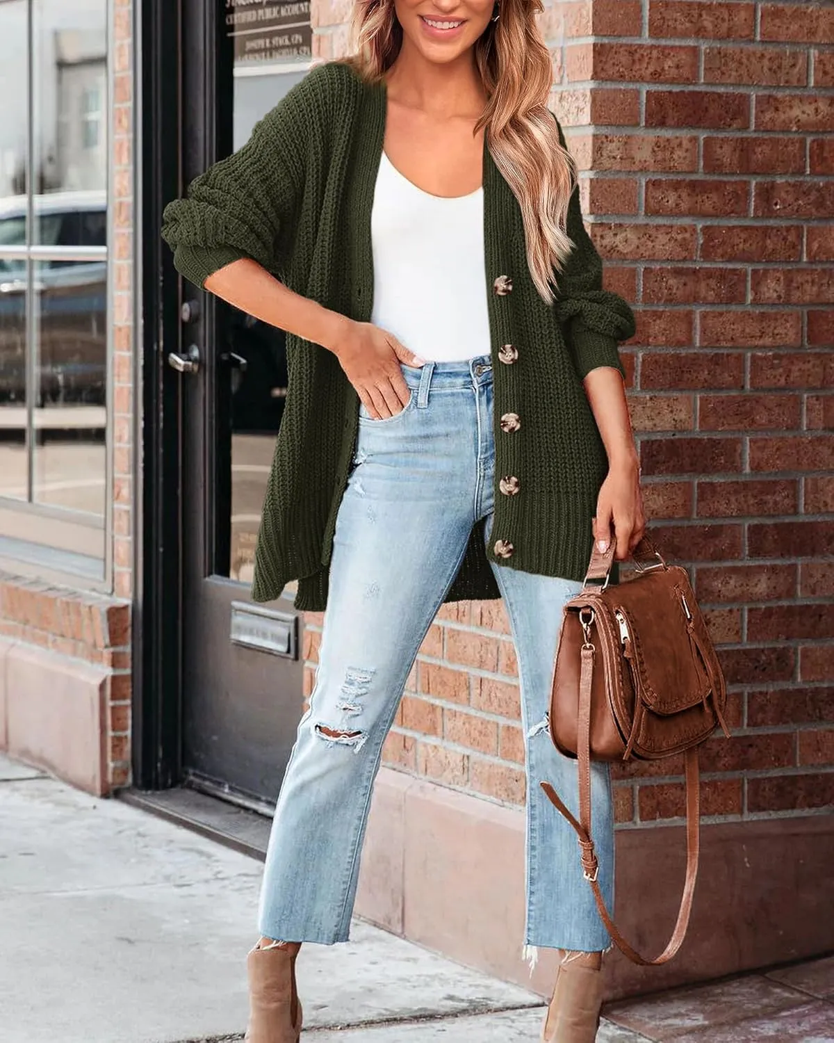 BTFBM Women's Button Down Cardigan Coat Long Sleeve Fall Winter Clothes Loose Chunky Knit Open Front Sweater Outerwear