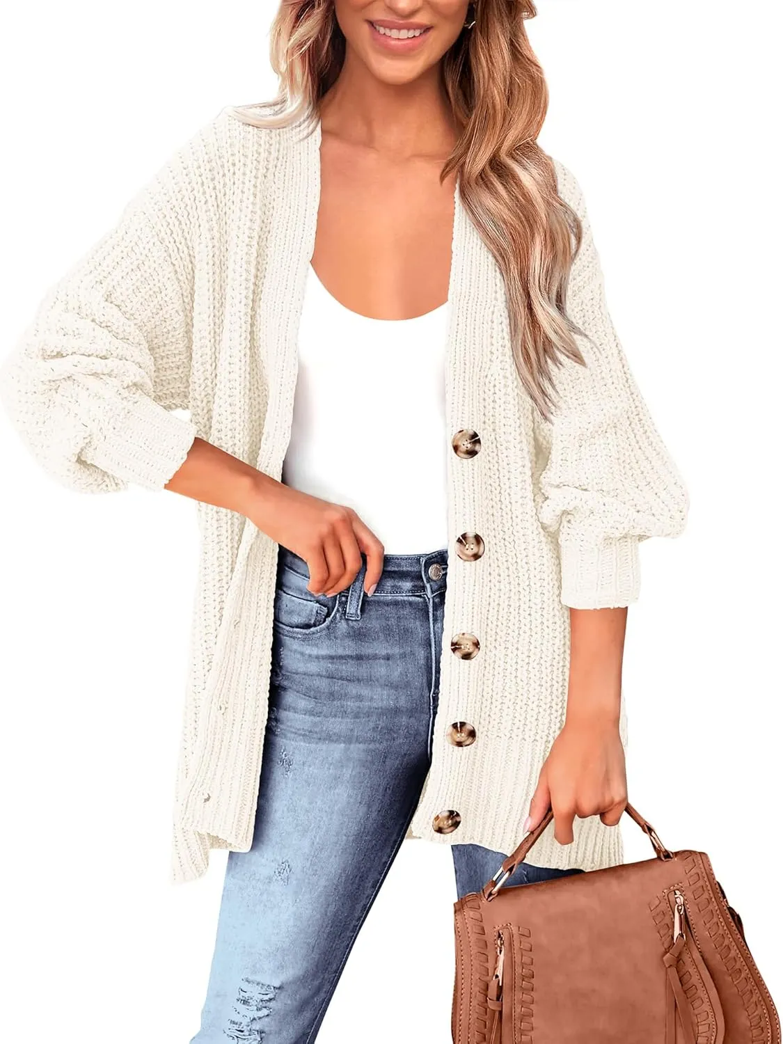 BTFBM Women's Button Down Cardigan Coat Long Sleeve Fall Winter Clothes Loose Chunky Knit Open Front Sweater Outerwear