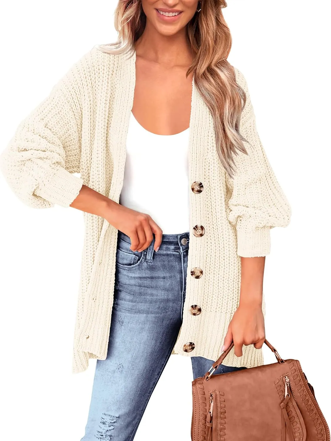 BTFBM Women's Button Down Cardigan Coat Long Sleeve Fall Winter Clothes Loose Chunky Knit Open Front Sweater Outerwear