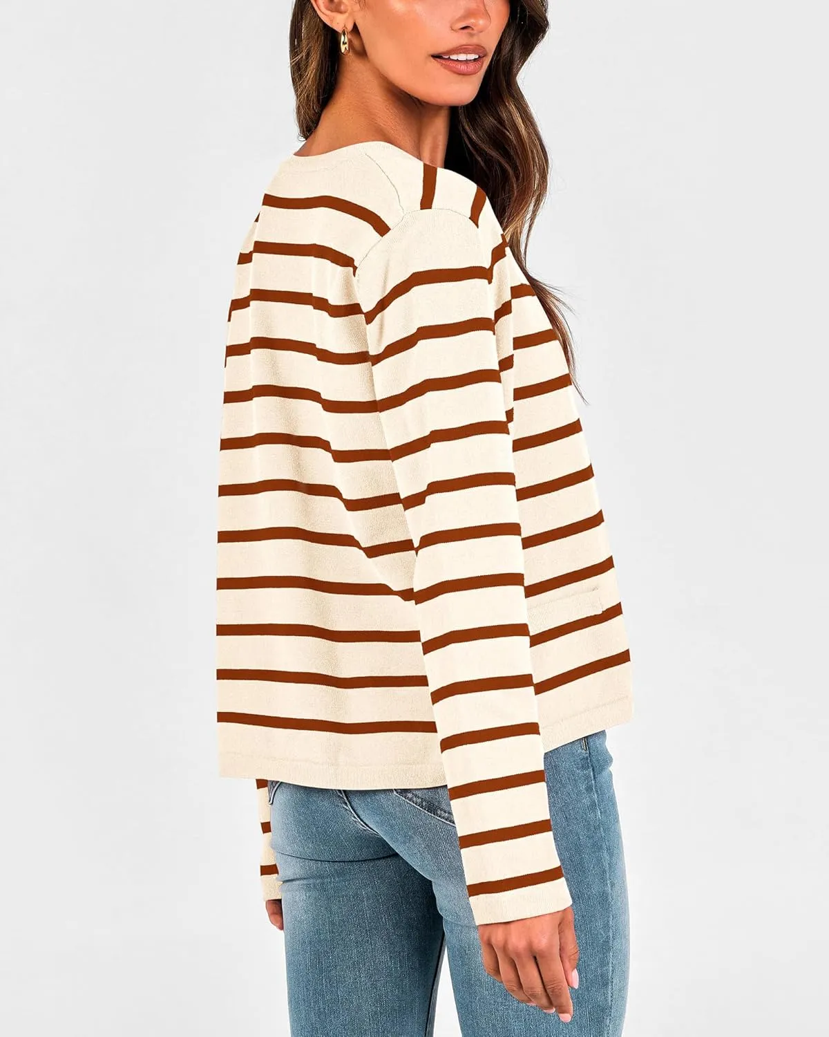 BTFBM Women's Cardigans Sweater 2024 Fall Striped Long Sleeve Button Down Crop Open Front Knit Outerwear Deco Pockets