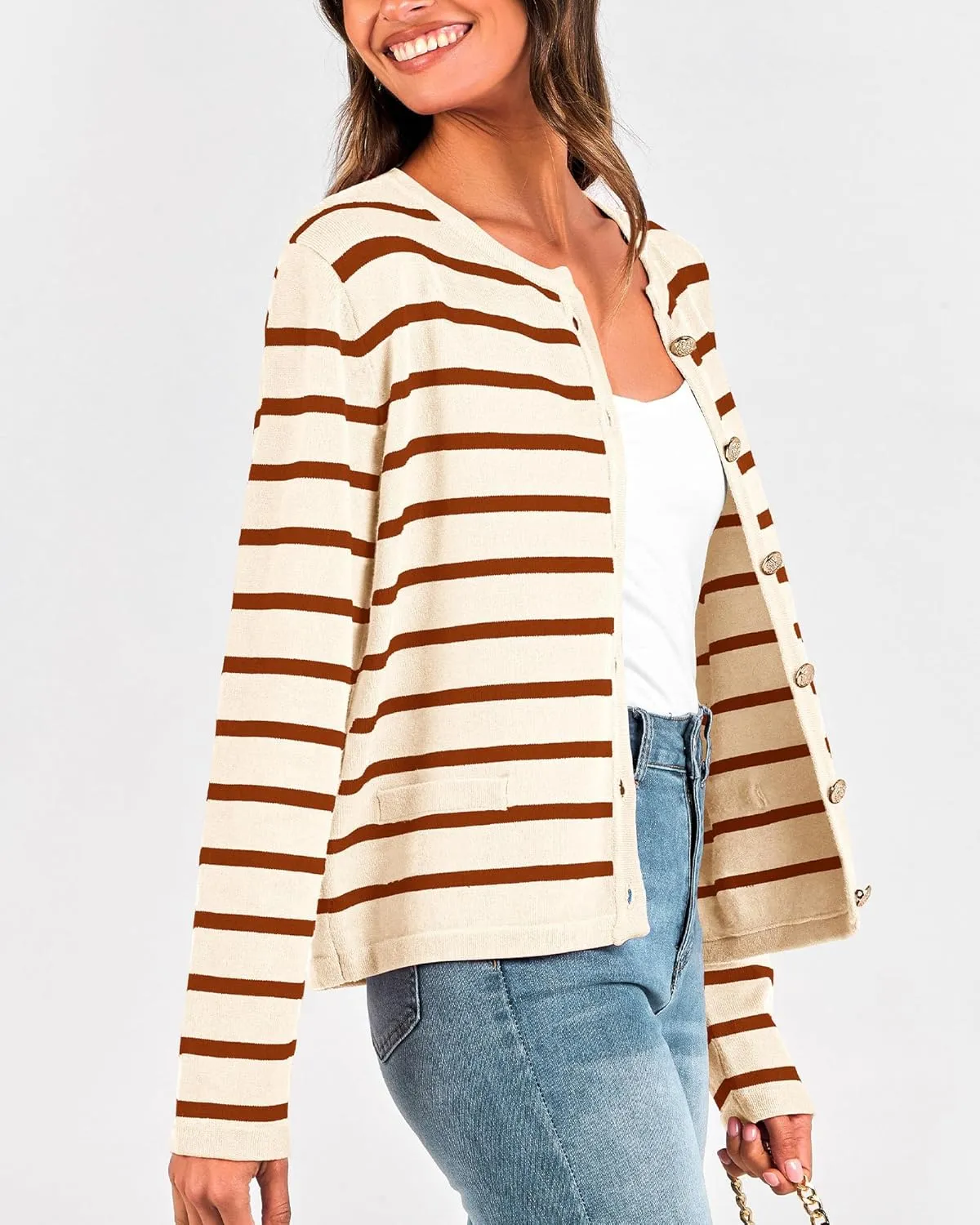 BTFBM Women's Cardigans Sweater 2024 Fall Striped Long Sleeve Button Down Crop Open Front Knit Outerwear Deco Pockets