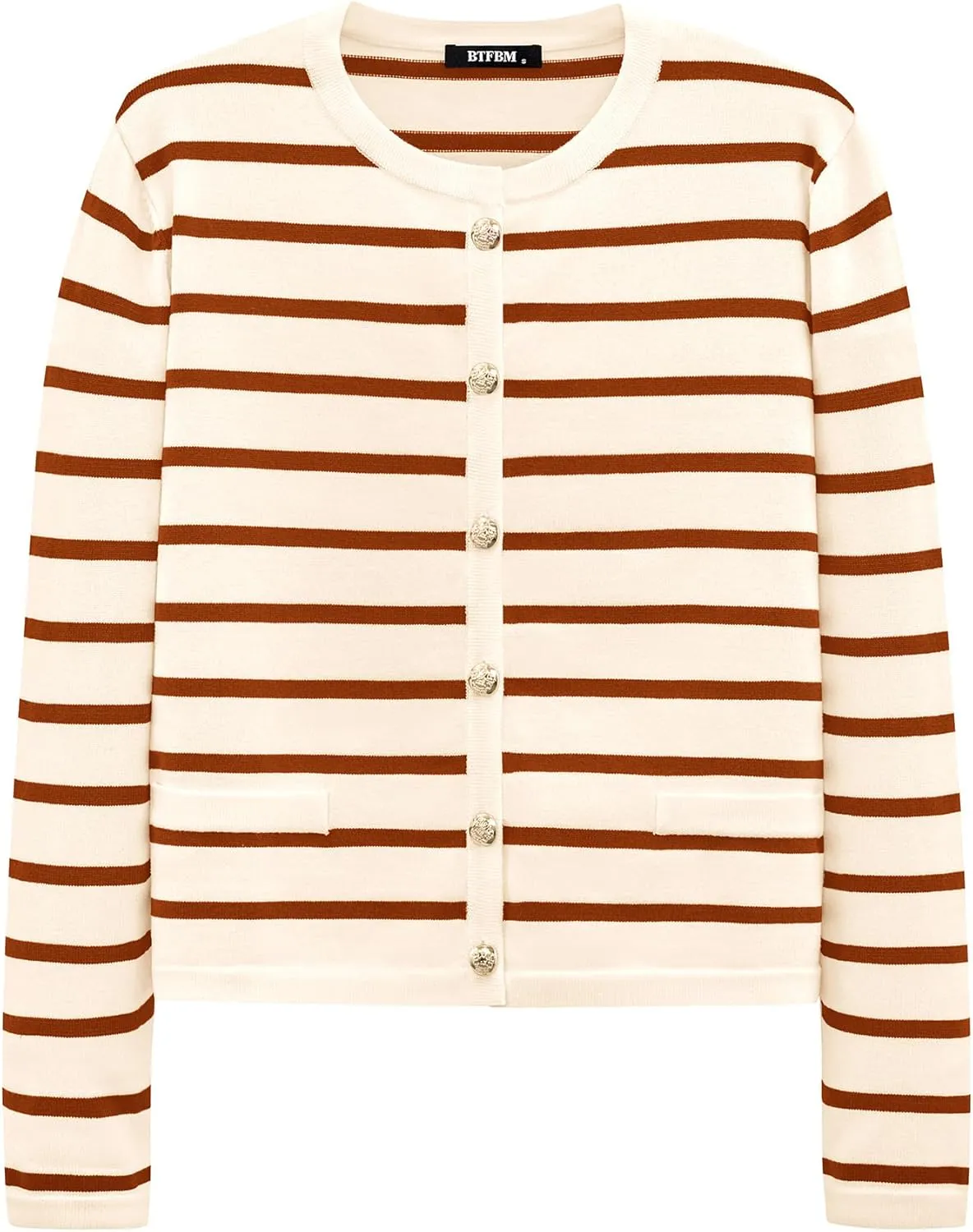BTFBM Women's Cardigans Sweater 2024 Fall Striped Long Sleeve Button Down Crop Open Front Knit Outerwear Deco Pockets