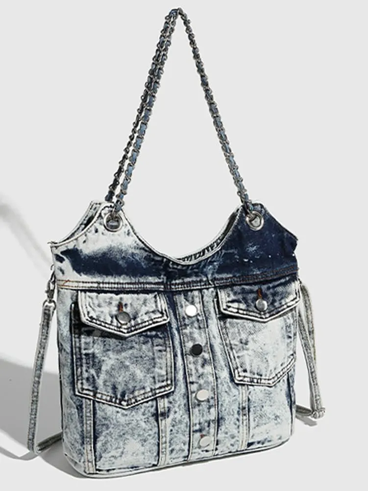 Bucket Denim Shoulder Bags for Women Trendy Y2k Crossbody Tote Bag Large Chain Handbag Retro Top Handle Purse
