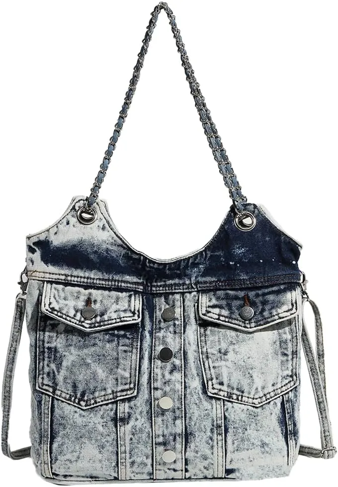 Bucket Denim Shoulder Bags for Women Trendy Y2k Crossbody Tote Bag Large Chain Handbag Retro Top Handle Purse