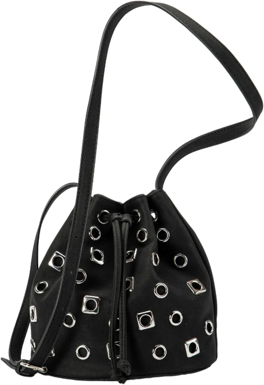 Bucket Punk Bag Suede Crossbody for Women Drawstring One-side Hollow Studded with Adjustable Shoulder Straps
