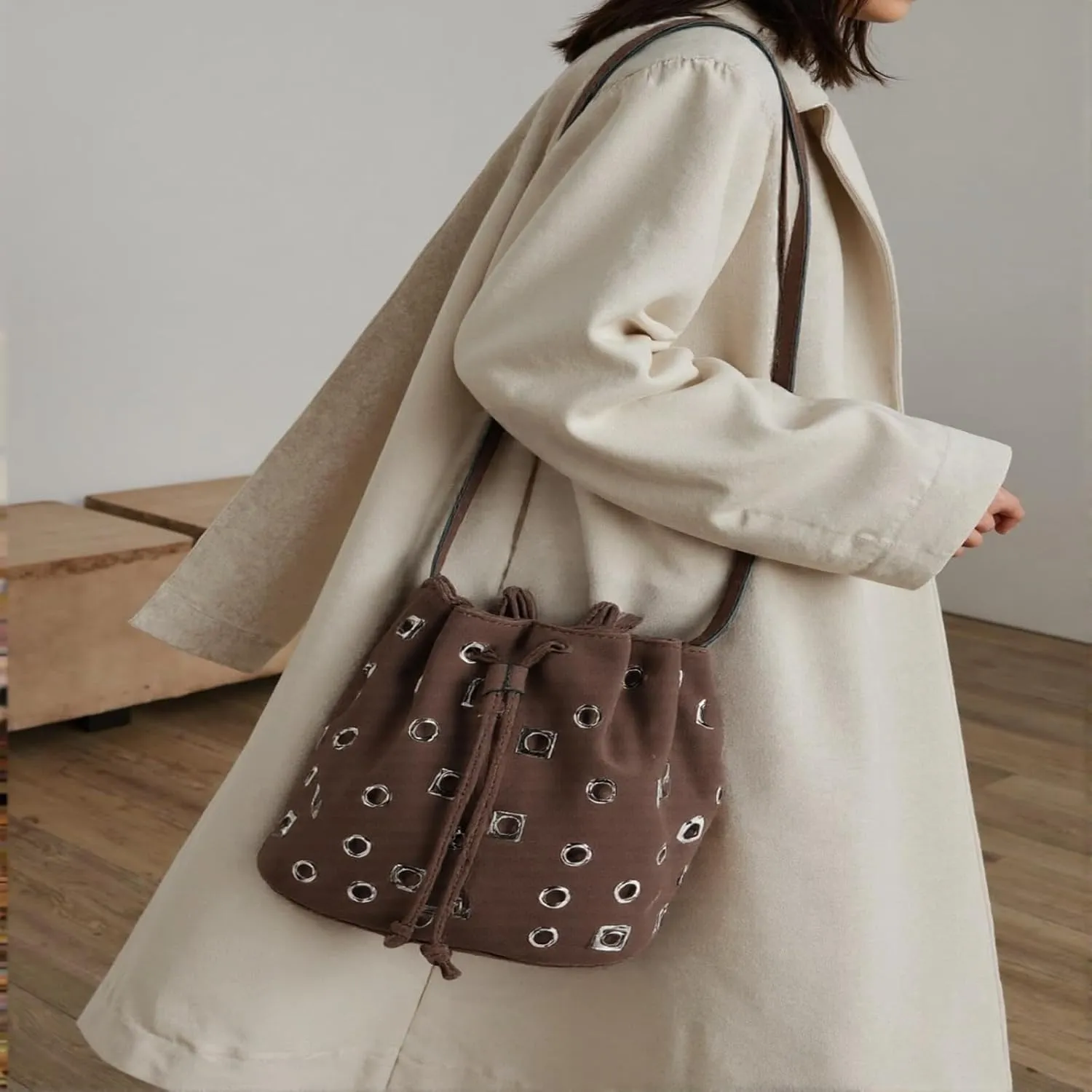 Bucket Punk Bag Suede Crossbody for Women Drawstring One-side Hollow Studded with Adjustable Shoulder Straps