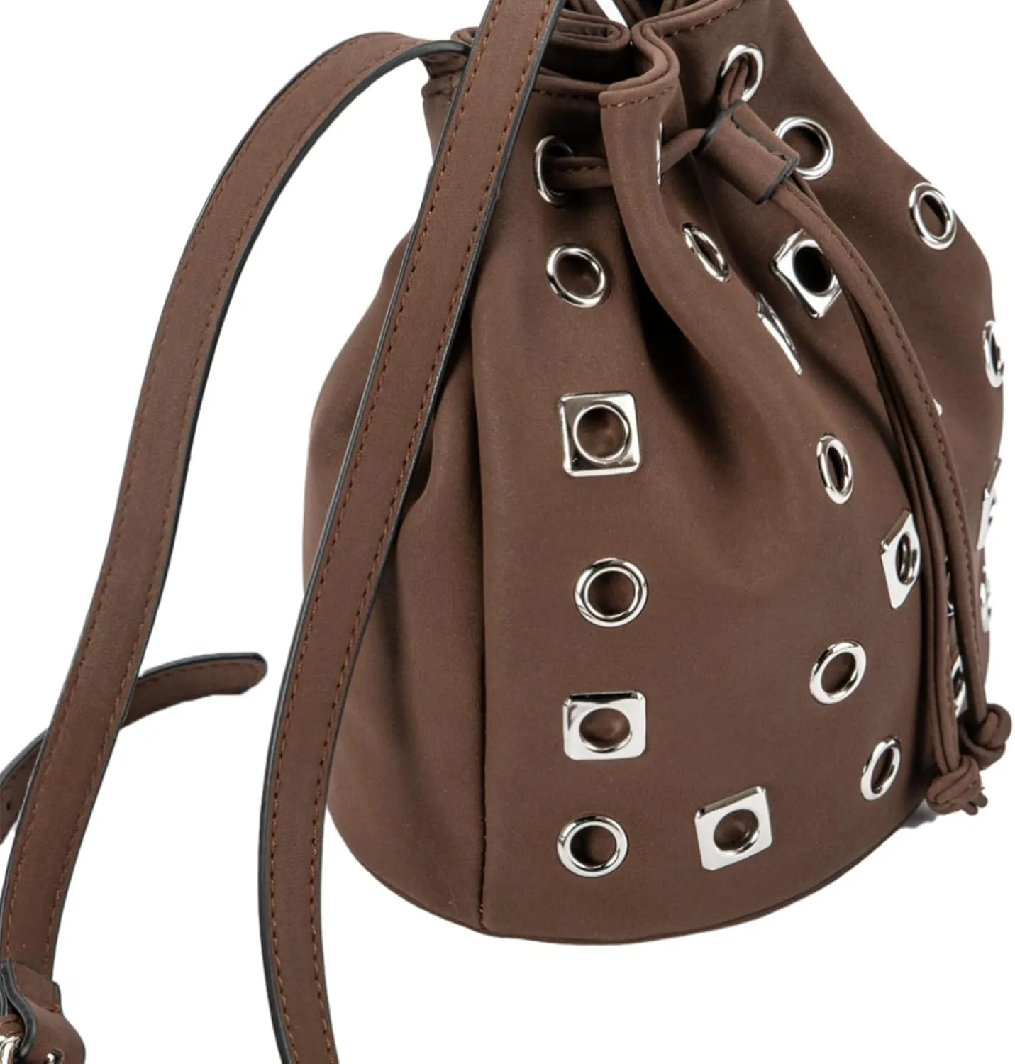 Bucket Punk Bag Suede Crossbody for Women Drawstring One-side Hollow Studded with Adjustable Shoulder Straps