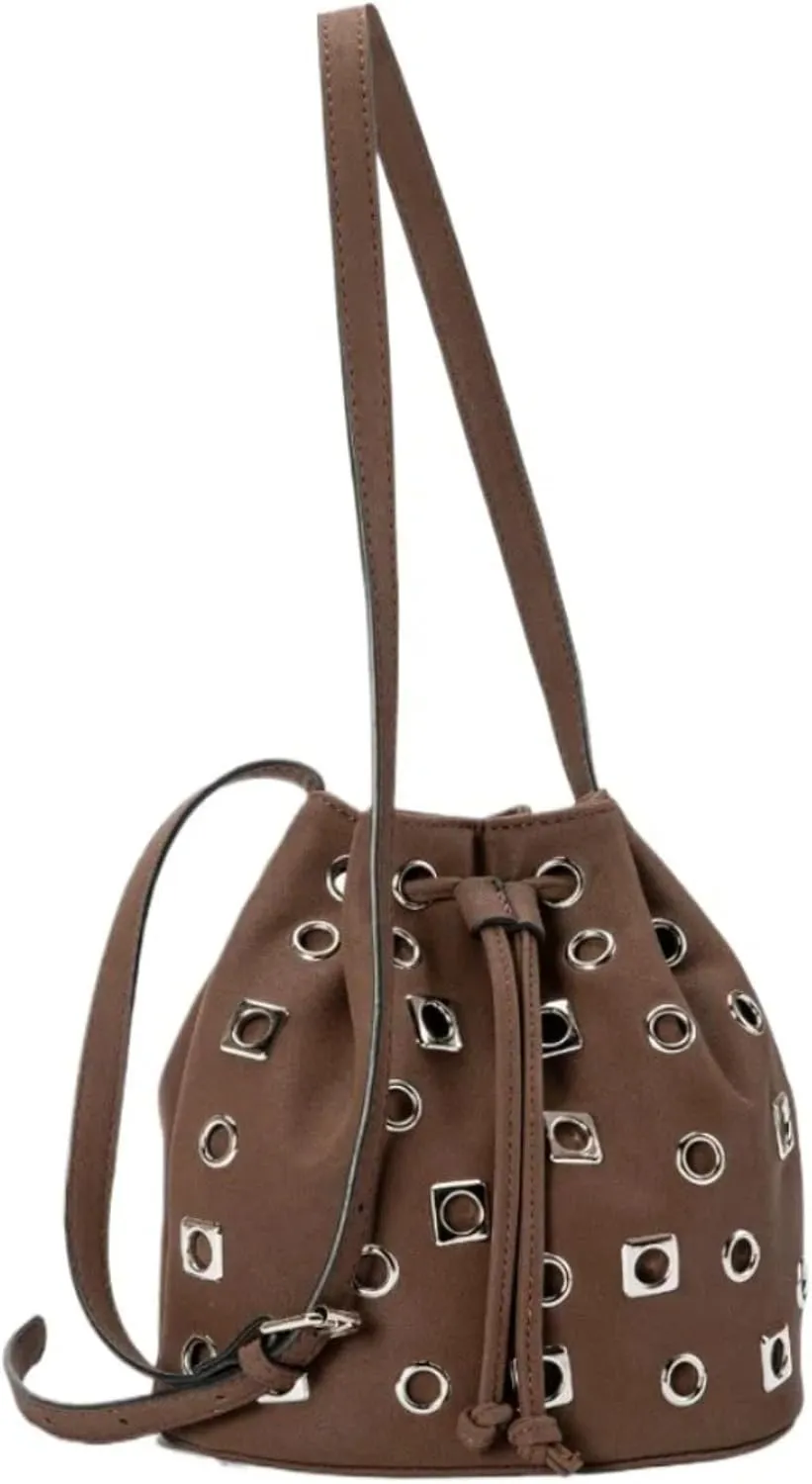 Bucket Punk Bag Suede Crossbody for Women Drawstring One-side Hollow Studded with Adjustable Shoulder Straps