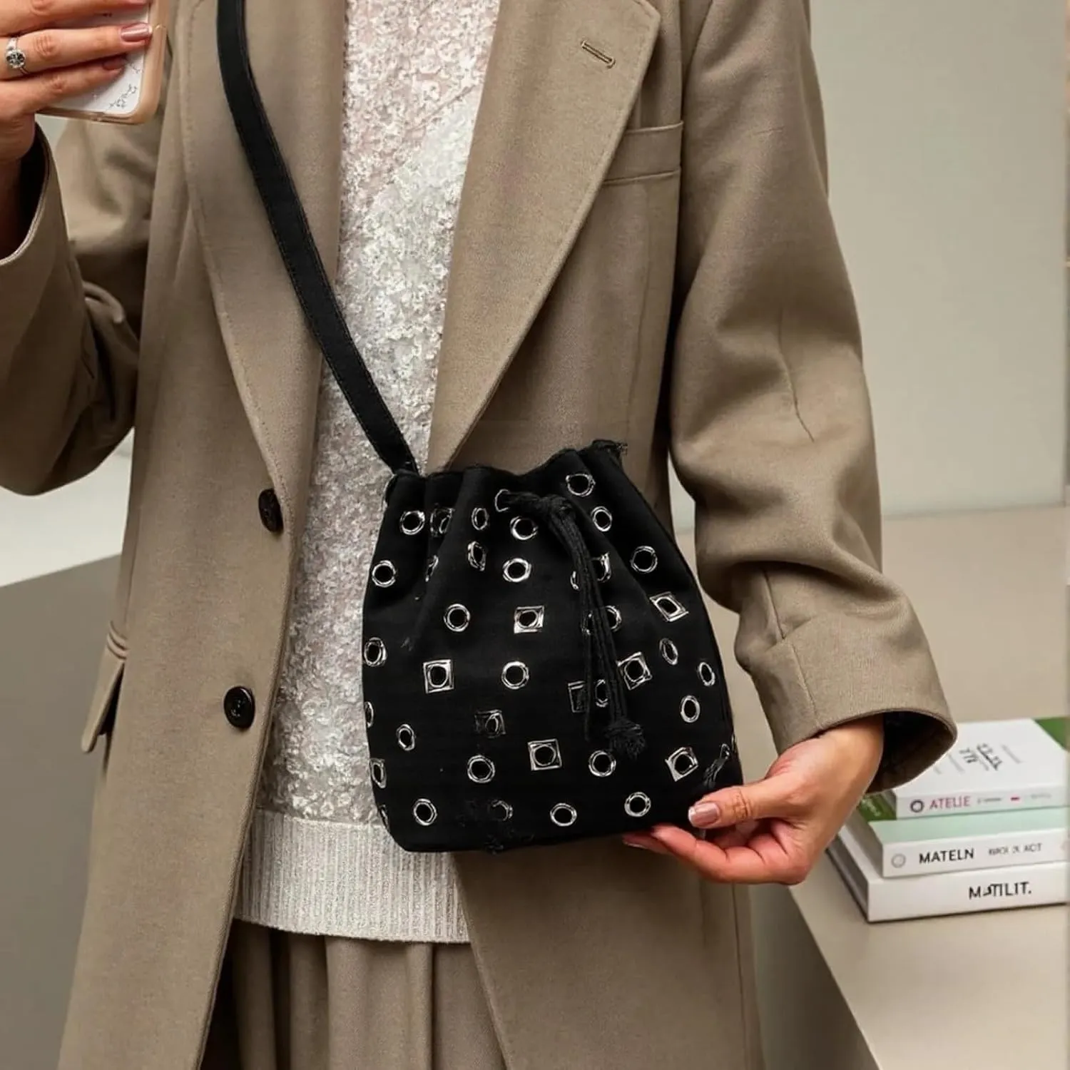 Bucket Punk Bag Suede Crossbody for Women Drawstring One-side Hollow Studded with Adjustable Shoulder Straps