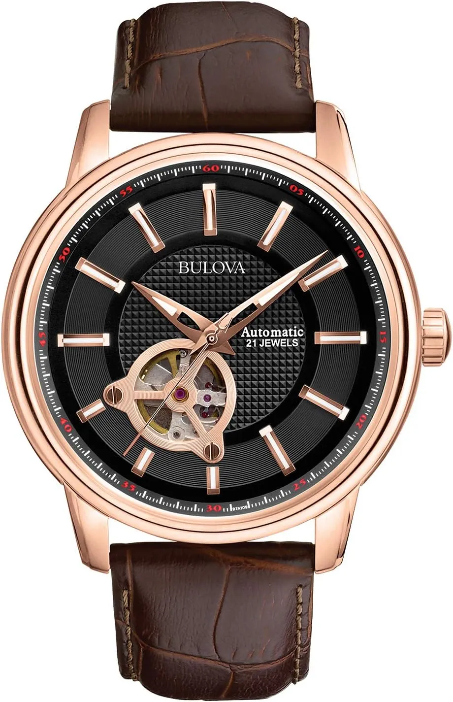 Bulova Men's Classic 3-Hand Automatic Leather Strap Watch, 21-Jewels, Hack Feature, Luminous Hands and Markers,Open Aperture and Exhibition Case Back