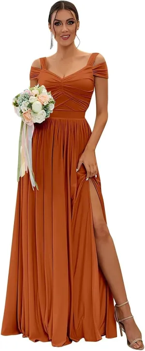 Burnt Orange Off Shoulder Bridesmaid Dress for Women Long Pleated Chiffon A Line Formal Evening Dress with Slit Size 4