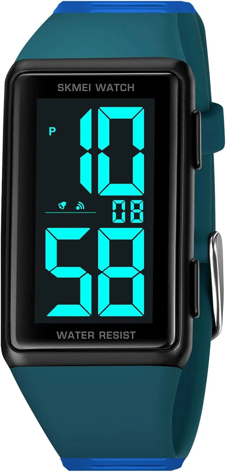 CARLIEN Fashion Unisex Big Numbers Rectangle Face Outdoor Sport Wrist Watch Mens Ladies Waterproof Day Date Aralm Stopwatch Digital Watch (Blue)