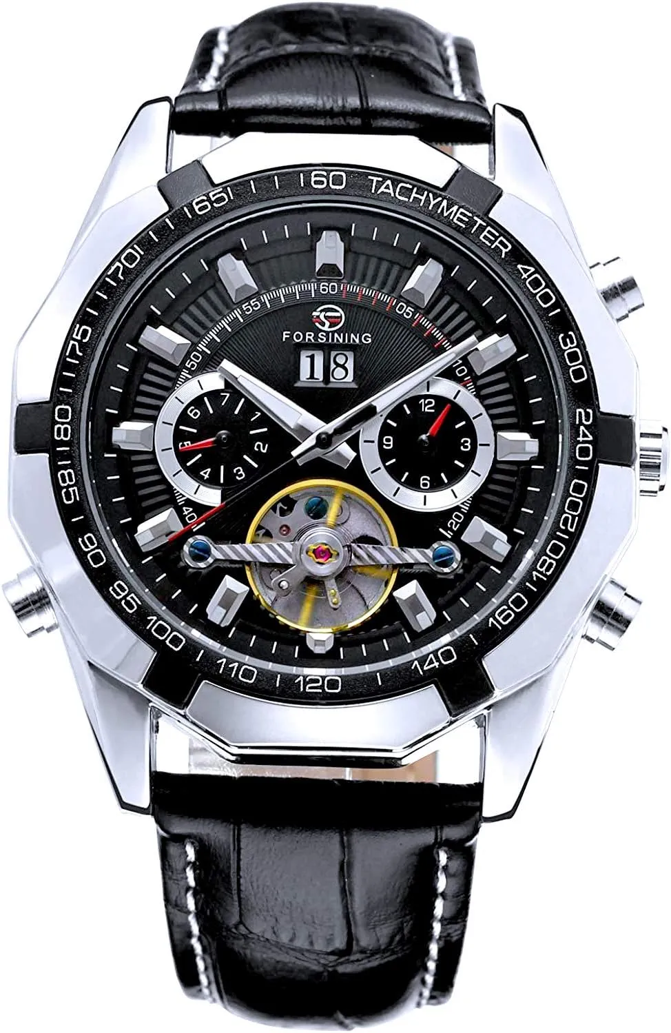 Carlien Luxury Watches for Men Automatic Skeleton Stainless Steel Golden Timepieces Watch (Black Silver)