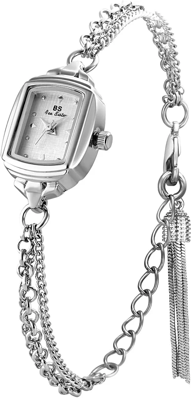 CARLIEN Womens Dainty Silver Gold Silver Rectangle Pearl Dial Tassel Chain Ultra Thin Waterproof Quartz Watch Ladies Dress Casual Elegant Analog Wristwatch Bracelet