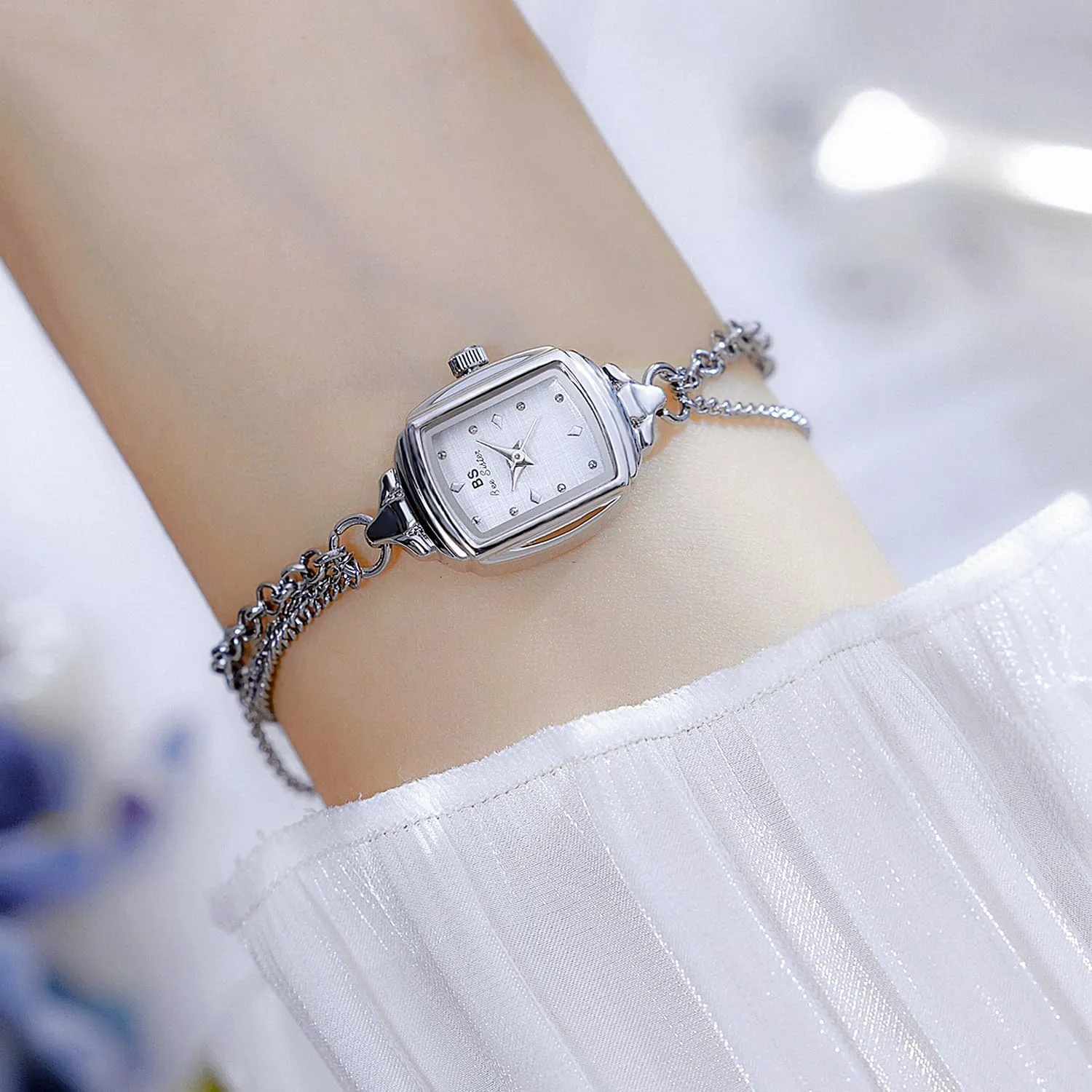 CARLIEN Womens Dainty Silver Gold Silver Rectangle Pearl Dial Tassel Chain Ultra Thin Waterproof Quartz Watch Ladies Dress Casual Elegant Analog Wristwatch Bracelet