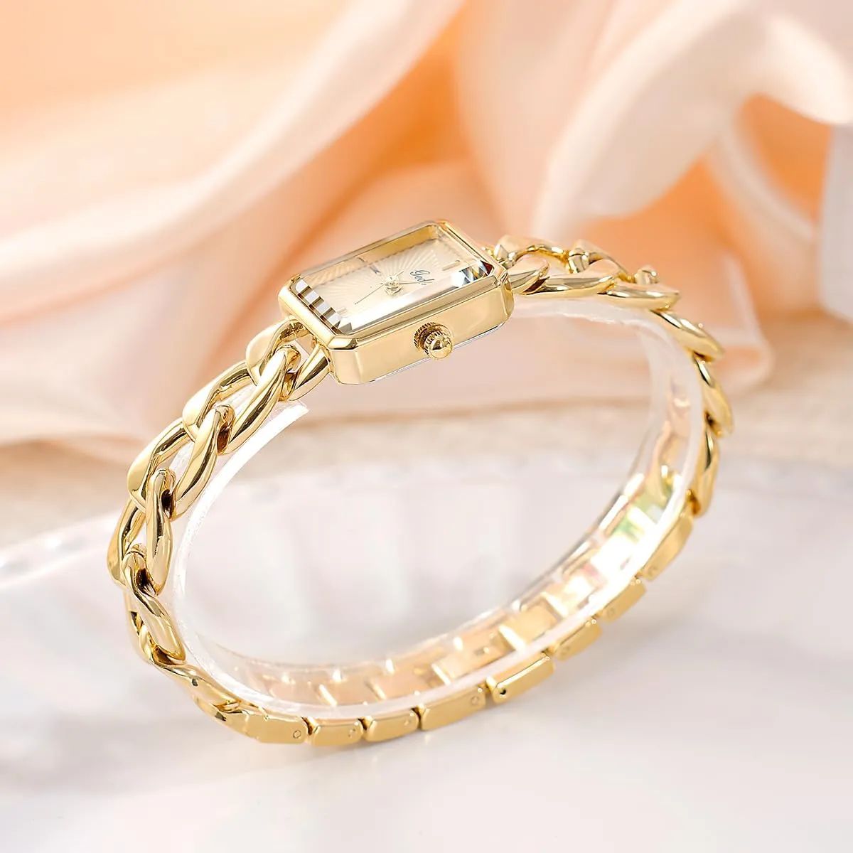 CARLIEN Womens Small Luxury Fashion Rectangular Chain Bracelet Quartz Watch Ladies Stainless Steel Band Dress Wristwatch Gold Silver