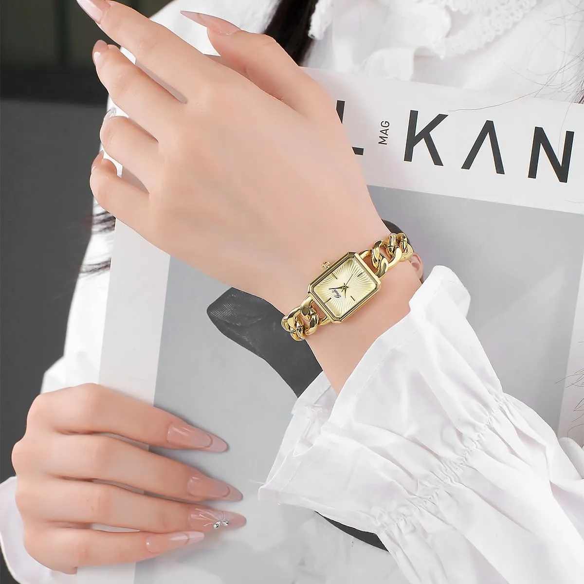 CARLIEN Womens Small Luxury Fashion Rectangular Chain Bracelet Quartz Watch Ladies Stainless Steel Band Dress Wristwatch Gold Silver