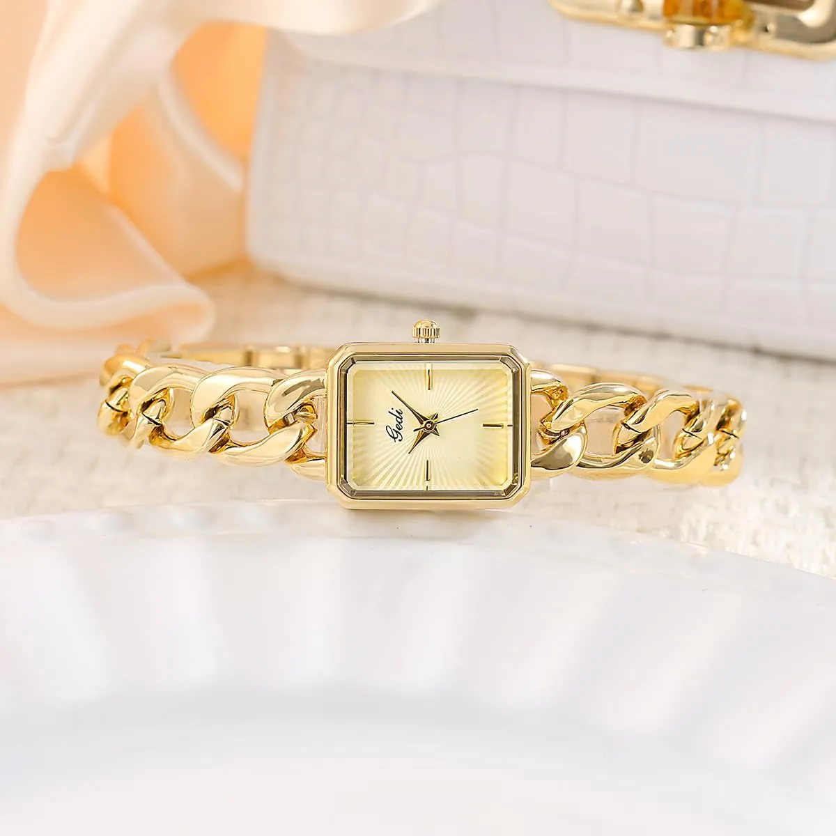 CARLIEN Womens Small Luxury Fashion Rectangular Chain Bracelet Quartz Watch Ladies Stainless Steel Band Dress Wristwatch Gold Silver