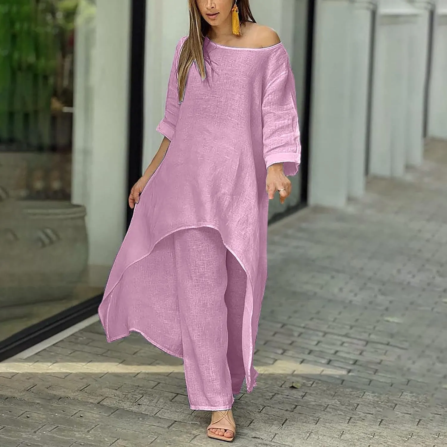 Ceboyel Summer Boho Dresses for Women 2023 Cotton Linen Dress One Shoulder Long Maxi Dresses Casual Beach Ladies Outfits