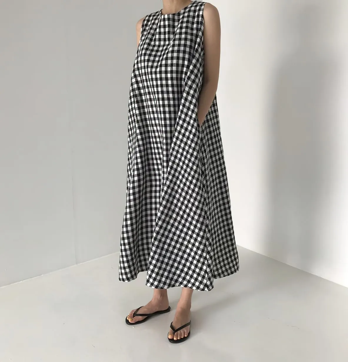 chouyatou Women Summer Casual Sleeveless Plaid Gingham Tank Dress Beach Tunic Shift Cotton Midi Sun Dress