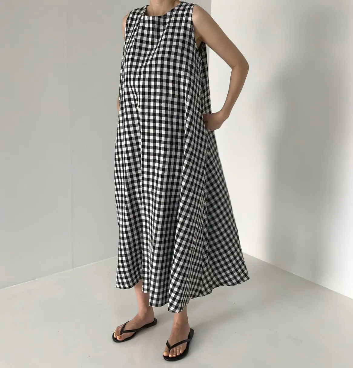 chouyatou Women Summer Casual Sleeveless Plaid Gingham Tank Dress Beach Tunic Shift Cotton Midi Sun Dress