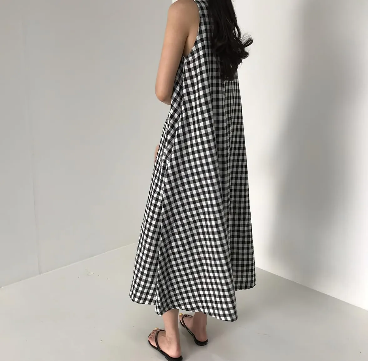 chouyatou Women Summer Casual Sleeveless Plaid Gingham Tank Dress Beach Tunic Shift Cotton Midi Sun Dress