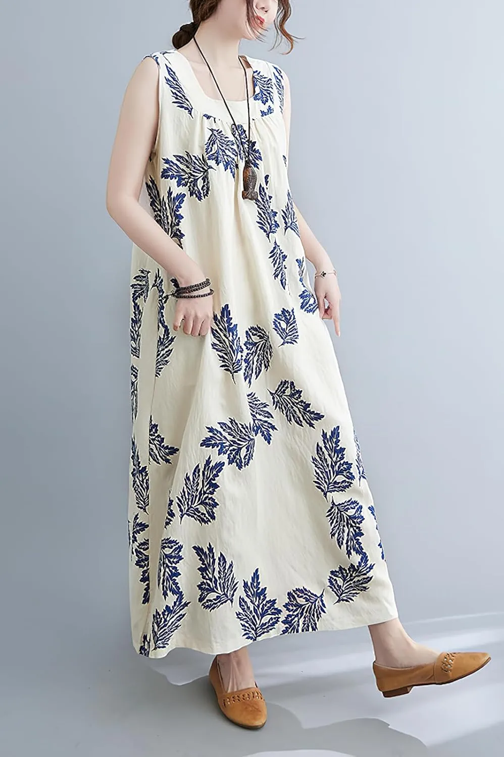 chouyatou Women's Summer Boho V Neck Floral Cotton Linen Sundress Tunic Shift Maxi Tank Dress