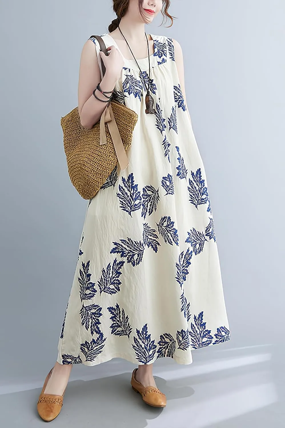 chouyatou Women's Summer Boho V Neck Floral Cotton Linen Sundress Tunic Shift Maxi Tank Dress