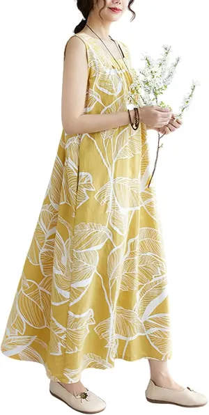 chouyatou Women's Summer Boho V Neck Floral Cotton Linen Sundress Tunic Shift Maxi Tank Dress