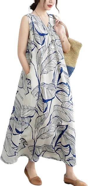 chouyatou Women's Summer Boho V Neck Floral Cotton Linen Sundress Tunic Shift Maxi Tank Dress