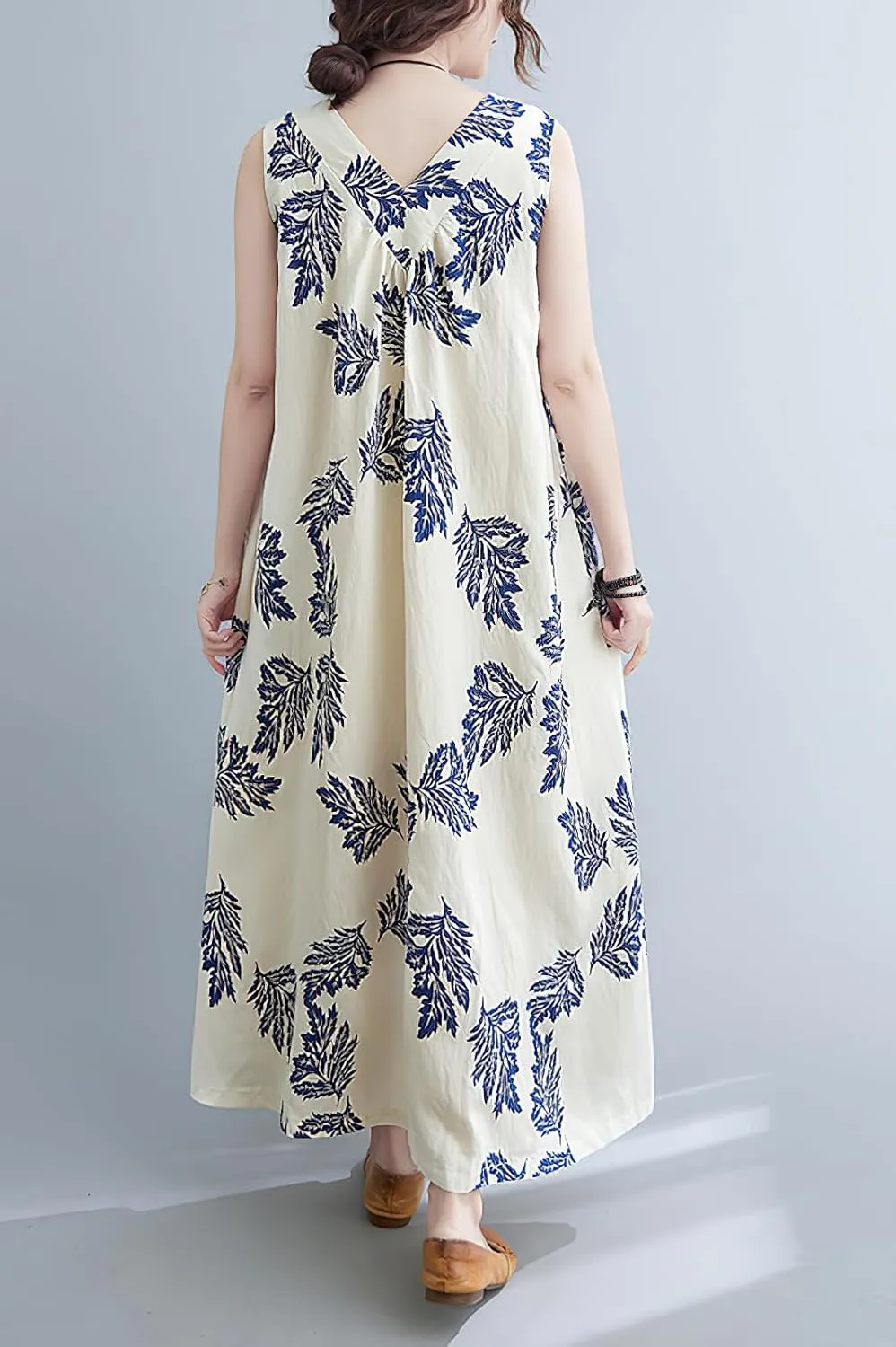 chouyatou Women's Summer Boho V Neck Floral Cotton Linen Sundress Tunic Shift Maxi Tank Dress