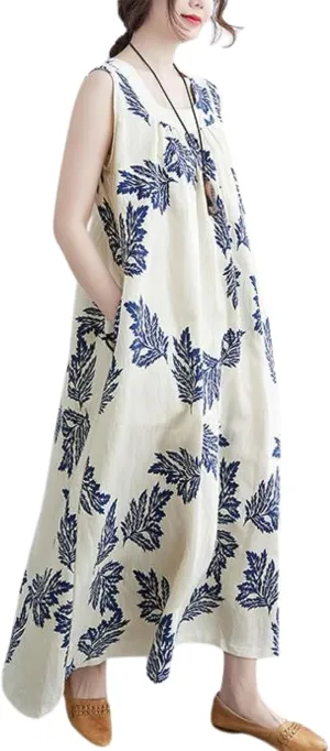 chouyatou Women's Summer Boho V Neck Floral Cotton Linen Sundress Tunic Shift Maxi Tank Dress