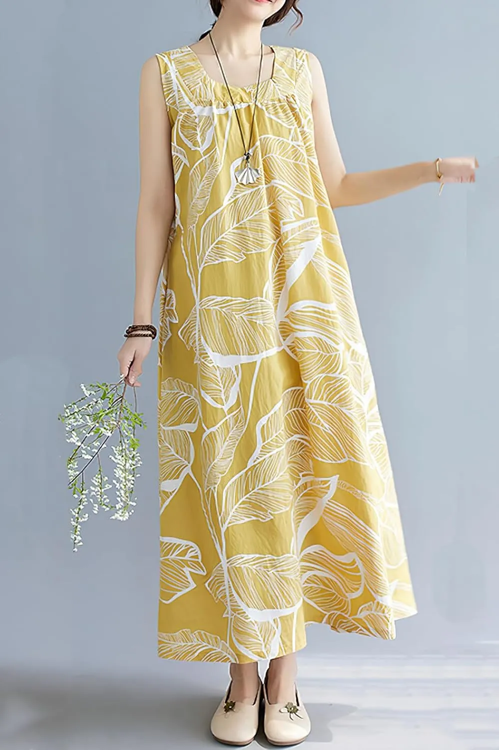 chouyatou Women's Summer Boho V Neck Floral Cotton Linen Sundress Tunic Shift Maxi Tank Dress