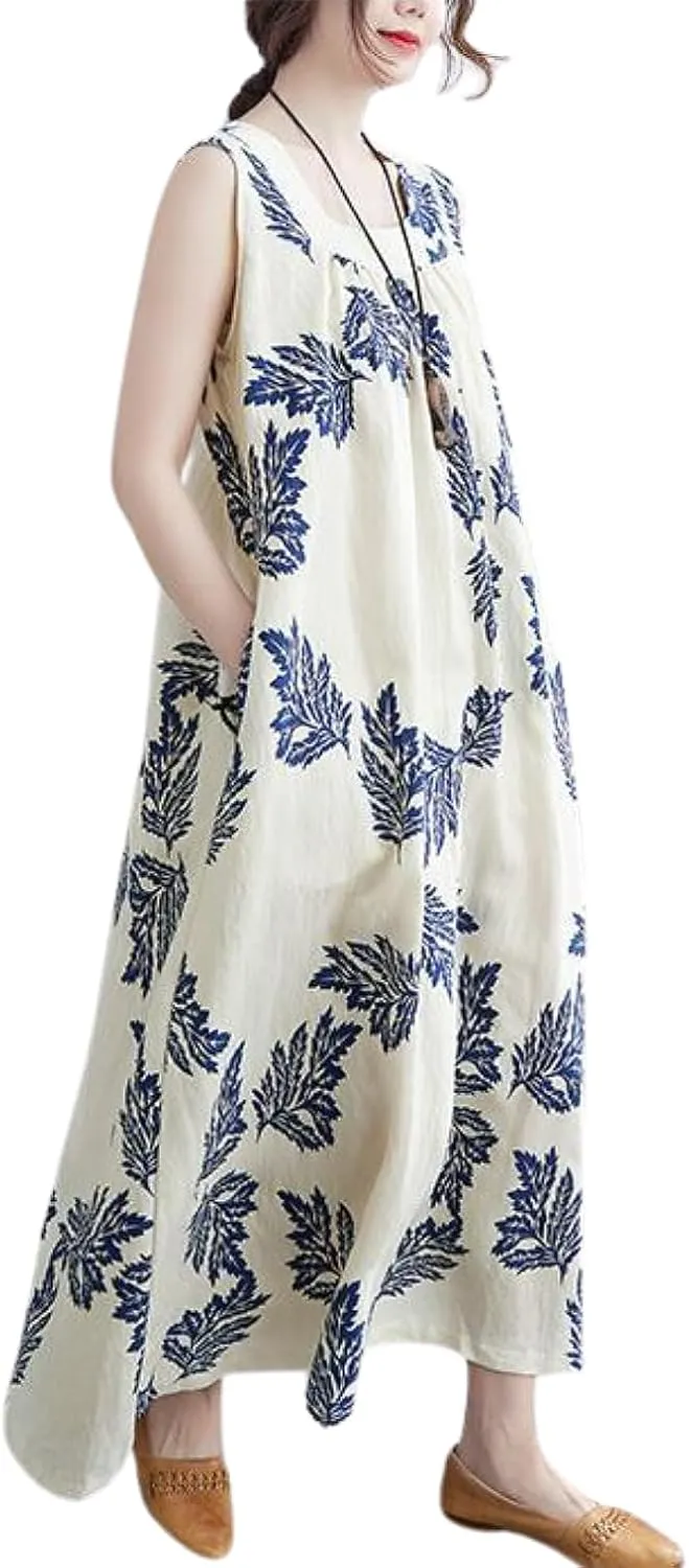 chouyatou Women's Summer Boho V Neck Floral Cotton Linen Sundress Tunic Shift Maxi Tank Dress