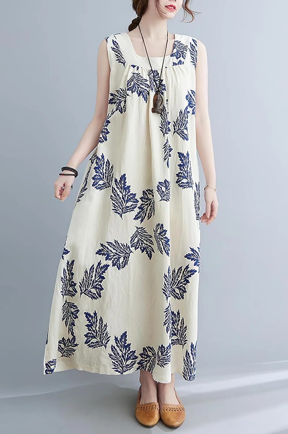 chouyatou Women's Summer Boho V Neck Floral Cotton Linen Sundress Tunic Shift Maxi Tank Dress