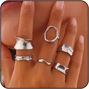 Chunky Gold & Silver Rings Set - Adjustable Thick Statement Rings for Women