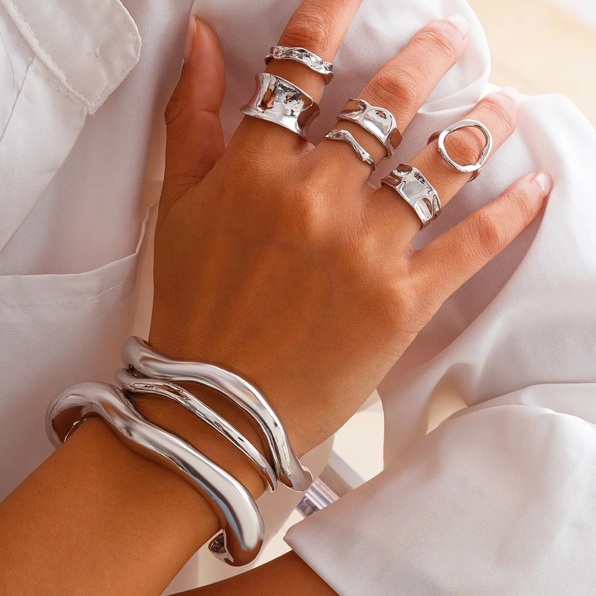 Chunky Gold & Silver Rings Set - Adjustable Thick Statement Rings for Women