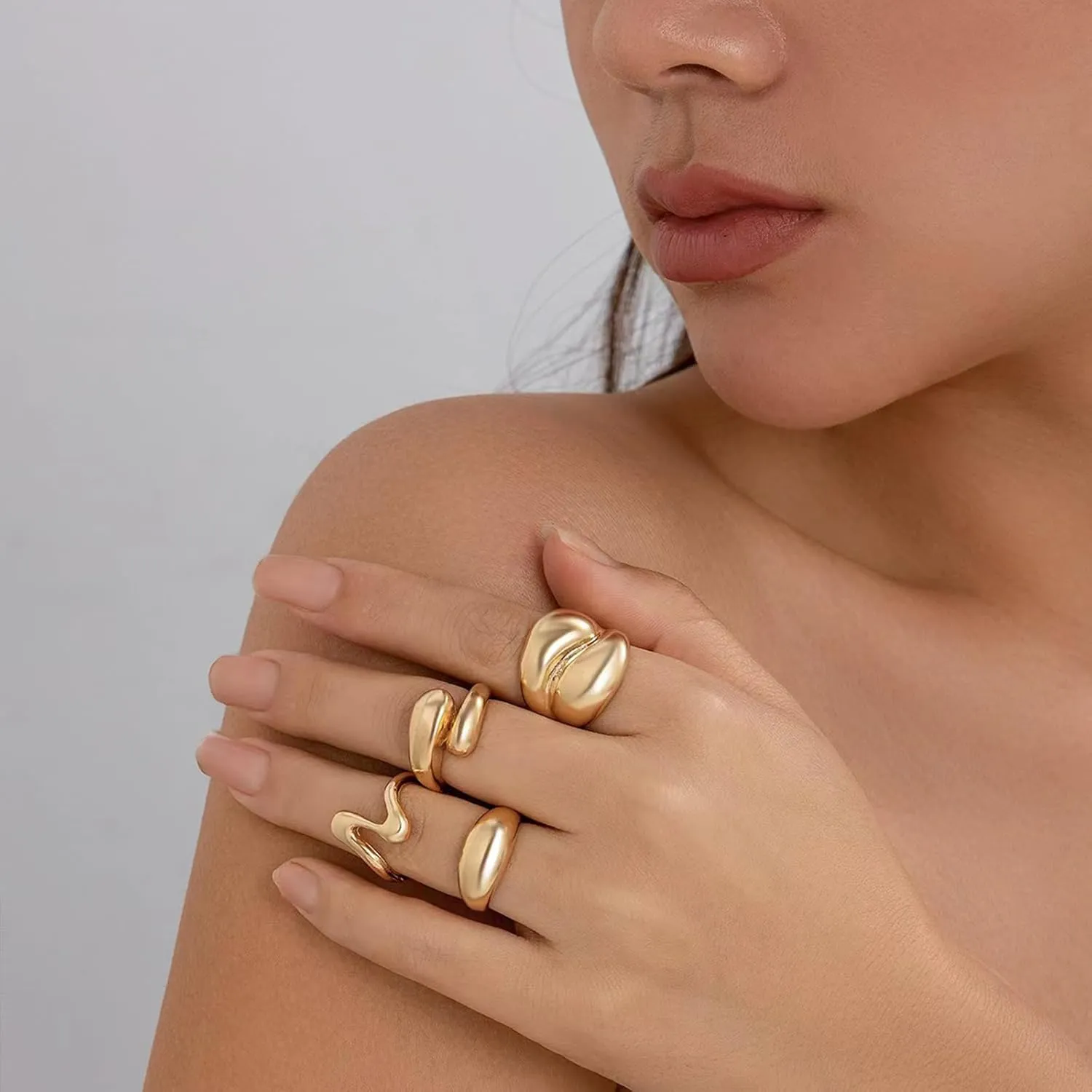 Chunky Gold Rings for Women Non Tarnish Gold Plated Stackable Chunky Rings Dome Bold Knuckle Rings Boho Statement Rings Set Wedding Bands Jewelry Set