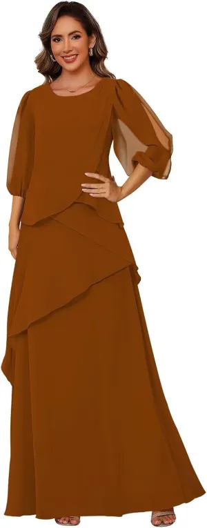 Clothfun Scoop Neck Mother of The Bride Dresses for Wedding Puff Sleeve Chiffon Ruffles Formal Evening Dress CY226