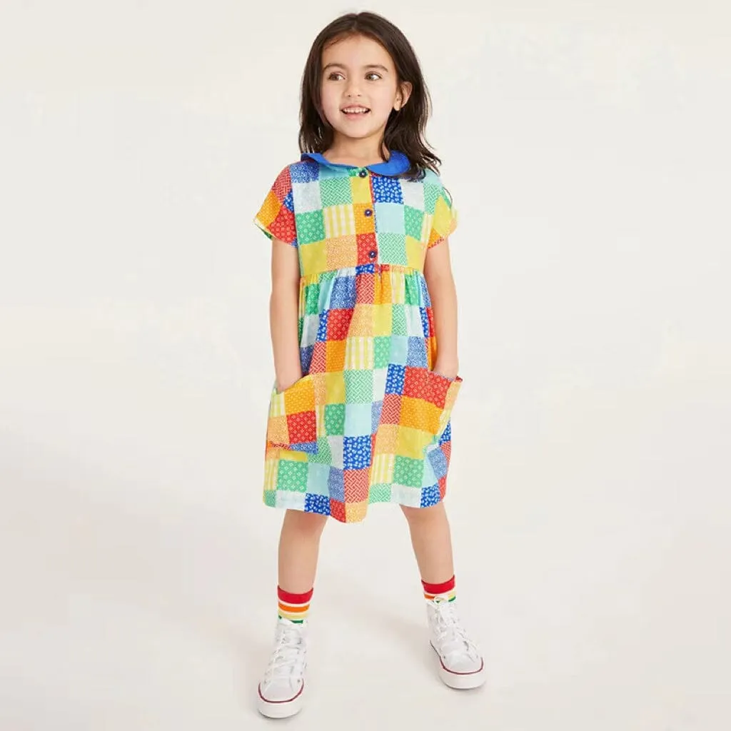 Colorful Floral Colorblock Short Sleeve Dress