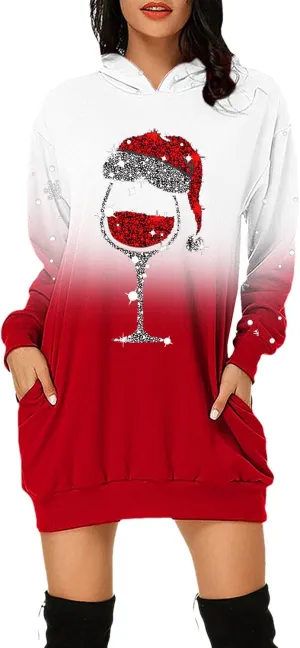 Comfortable Hoodies Dress for Women Christmas Print Long Sleeve Gradient Color Casual Loose Sweatshirt Dress with Pocket