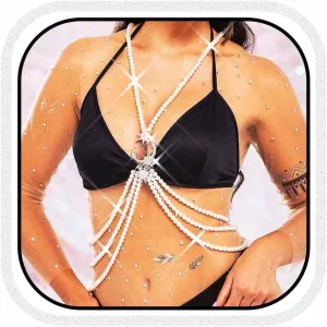 Cosydays Silver Pearl Body Chain Layered Rhinestone Chest Chains Layered Bikini Bra Chains for Women