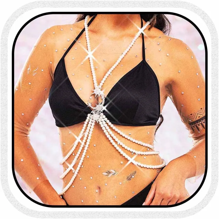 Cosydays Silver Pearl Body Chain Layered Rhinestone Chest Chains Layered Bikini Bra Chains for Women
