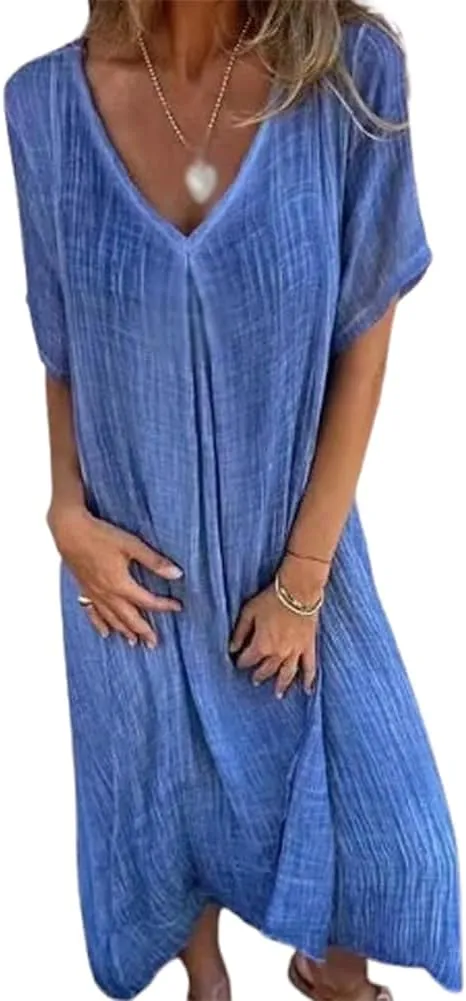 Cotton and Linen V-Neck Midi Dress, Frontaley Dresses, Linen Dresses for Women, Plus Size Cool Comfortable