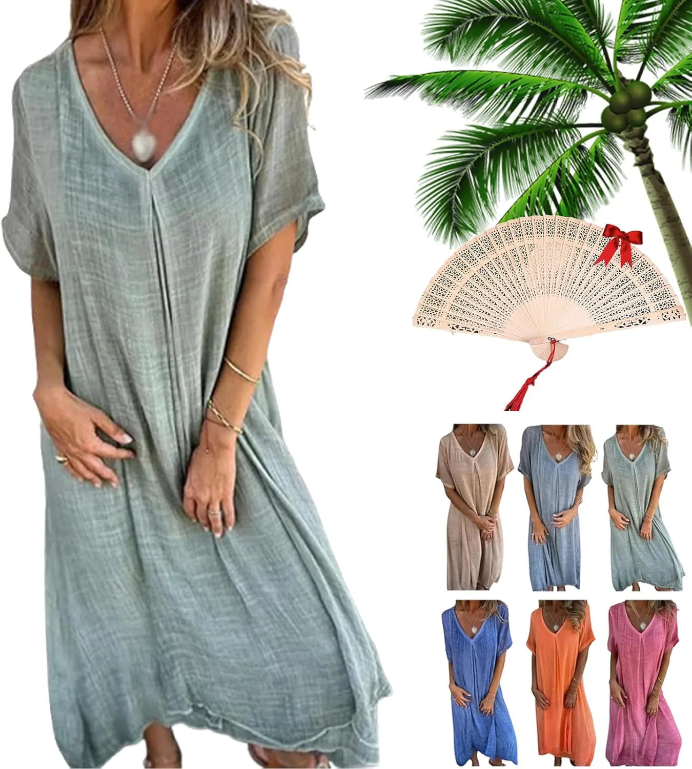 Cotton and Linen V-Neck Midi Dress, Frontaley Dresses, Linen Dresses for Women, Plus Size Cool Comfortable