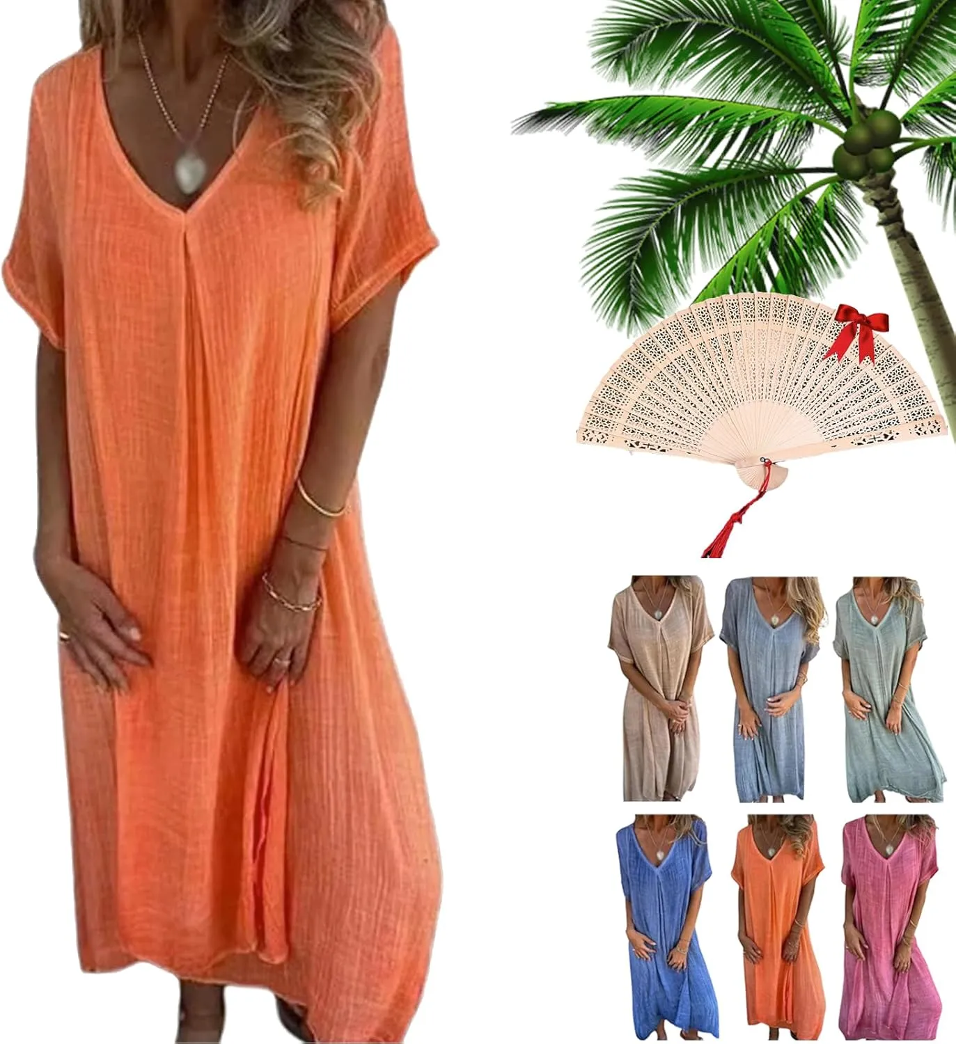 Cotton and Linen V-Neck Midi Dress, Frontaley Dresses, Linen Dresses for Women, Plus Size Cool Comfortable