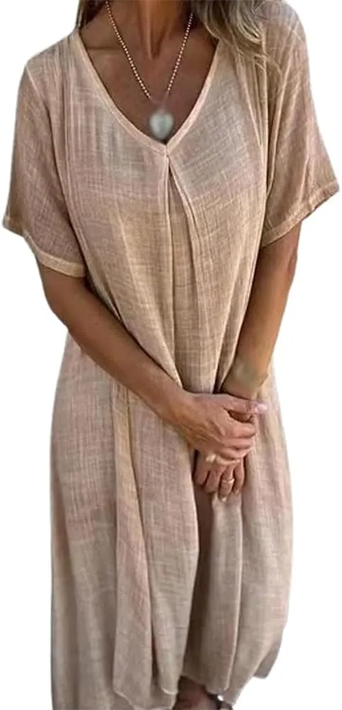 Cotton and Linen V-Neck Midi Dress, Frontaley Dresses, Linen Dresses for Women, Plus Size Cool Comfortable