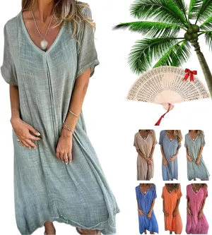 Cotton and Linen V-Neck Midi Dress, Frontaley Dresses, Linen Dresses for Women, Plus Size Cool Comfortable