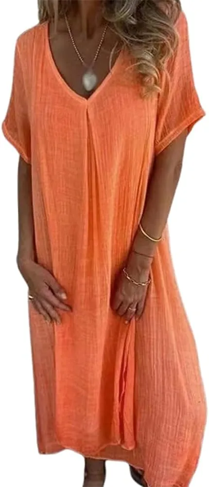 Cotton and Linen V-Neck Midi Dress, Frontaley Dresses, Linen Dresses for Women, Plus Size Cool Comfortable